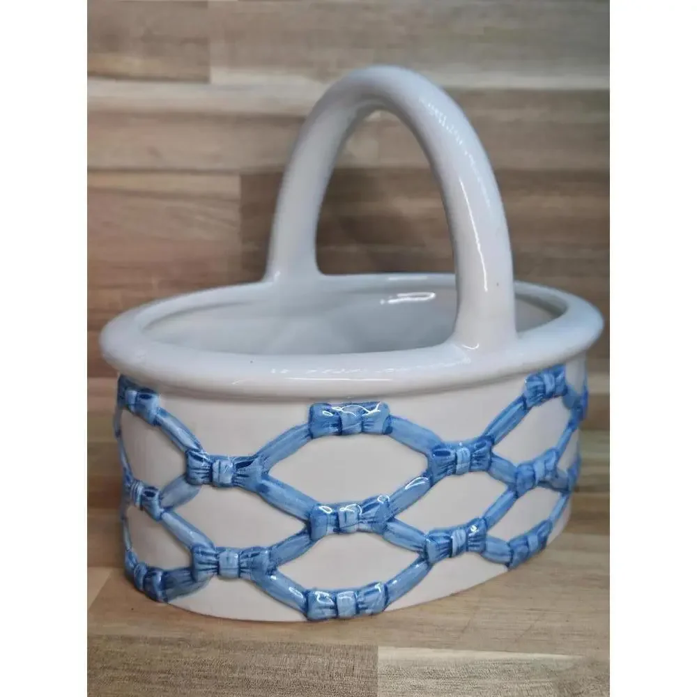 Vintage Italian Ceramic Lattice Basket Blue Woven Pottery 7" Tall Spring/Easter - Picture 4 of 15